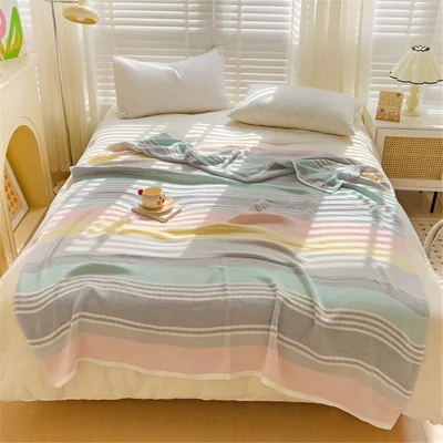 150x200cm Multi-layer Yarn Jacquard Mesh Towel Quilt Summer Thin Quilt Blanket- Colorful Stripe / Pink