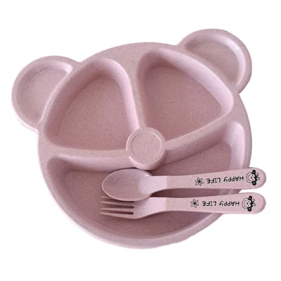3Pcs / Set Cartoon Bear Ear Wheat Straw Children Divided Food Plate Spoon Fork (BPA Free, No FDA) - Pink
