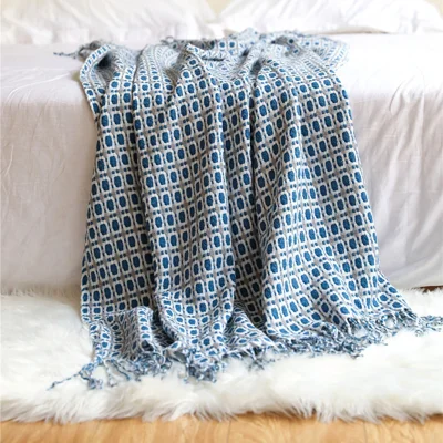 SZ005 Throw Blanket with Decorative Tassel 127x180cm Soft Woven Blanket for Sofa, Bed, Coach - Navy Blue