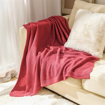 HJ010 130x160cm Waffle Grid Knitted Throw Blanket Sofa Bed Air Conditioning Blanket - Rust Red