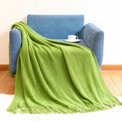 JB005 130x230cm Knitted Throw Blanket Pineapple Textured Blanket with Tassels for Couch Bed Sofa - Grass Green