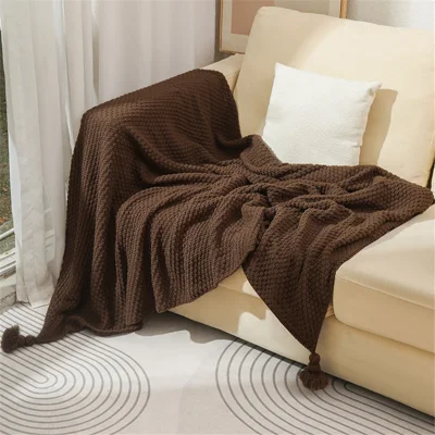 HJ001 150x200cm Sofa Bed Throw Blanket Solid Color Knitted Air Conditioning Blanket - Coffee