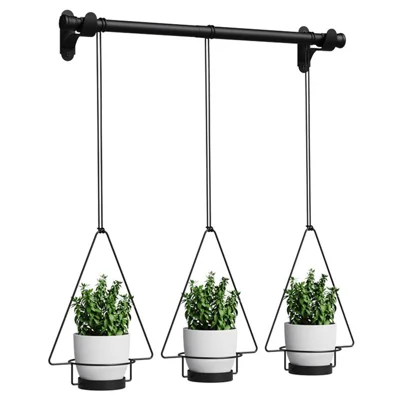 001- ZJ-YXH001 Set of 3 Hanging Flower Pot Wall-Mounted Gardening Plant Hangers with Extendable Rod - Black+Triangle