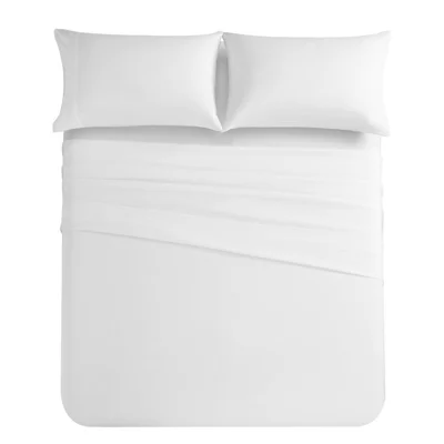 4-Piece Queen Size Bed Flat Sheet Pillowcases Fitted Sheet Set - White
