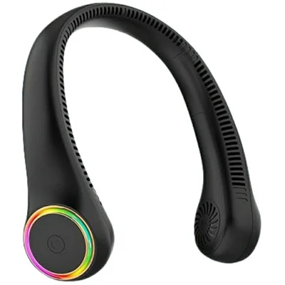 3 Speeds Portable Neck Fan Bladeless USB Rechargeable Hands Free Fan with LED Lights - F6 / Black