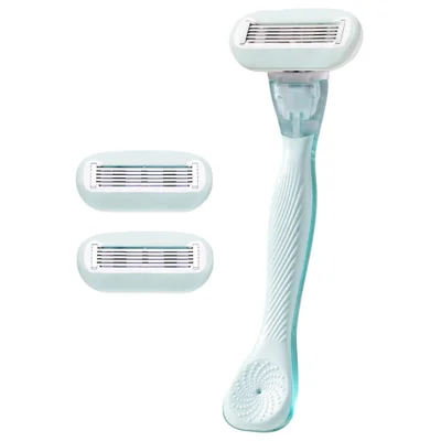 Manual Hair Removal Razor for Women Legs Underarms Bikini Area Long Handle Trimmer, 1 Handle + 2 Heads - Green