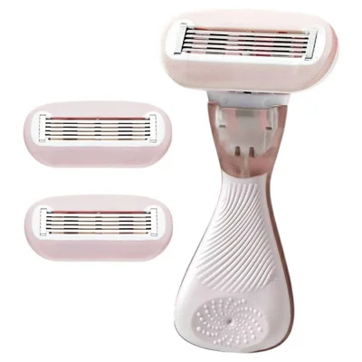 Manual Hair Removal Razor for Women Portable Shaver Bikini Area Body Trimmer, 1 Handle + 2 Heads - Pink