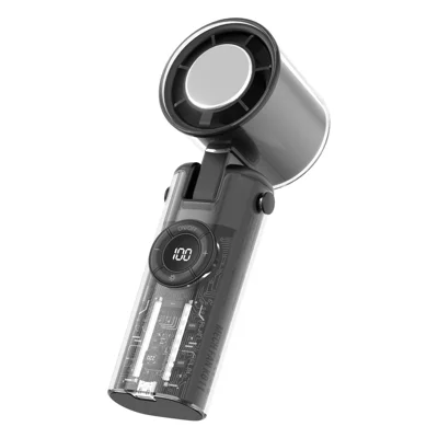 K-811 Transparent Mecha Bærbar Vifte 100 Hastigheder Justerbar Foldbar Kølevifte med Lommelygte - Sort