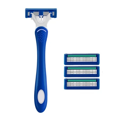 BOB IGUETTA Portable Shaving Kit 3-layer Blade Manual Razor with 1 Handle and 4 Replacement Heads, Blue