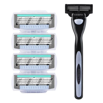 BOB IGUETTA 4-Layer Blade Manual Razor for Men Shaving Kit with 1 Handle and 5 Replacement Heads, Black+Grey