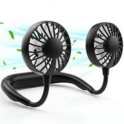 ZY-A2 3-stufig einstellbarer Halsventilator, freihändig tragbarer Doppelkopf-Ventilator für Outdoor-Sport – Schwarz