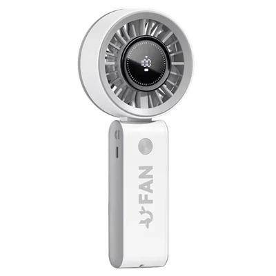 JF133 Digital Display Handheld Fan Turbine Motor USB Rechargeable Portable Foldable Desktop Hanging Neck Fan - White