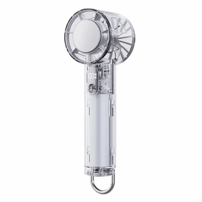 Ventilateur portable transparent Y59 à 5 vitesses, technologie de refroidissement par semi-conducteur, mini ventilateur avec mousqueton intégré pour camping et plein air - Blanc