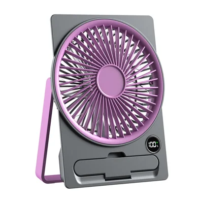 Ventilatore da Scrivania Ultra Slim con Display LED KP-11, 5 Velocità Regolabili, Ricaricabile via USB 1800mAh con Supporto per Telefono - Viola