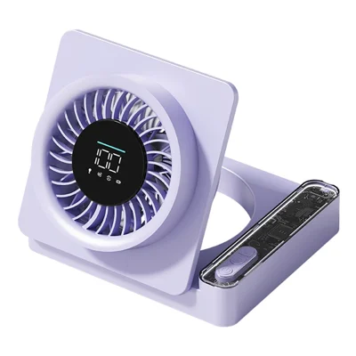 Ventilador de escritorio plegable S8, 5 velocidades, pantalla digital, recargable por USB-C, 2000mAh, montable en pared - Morado