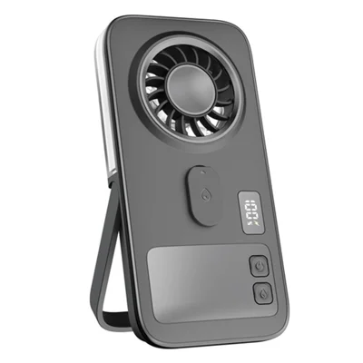 P1 Ultrafino ventilador de mano con pulverización, batería de 2000 mAh, pantalla digital y soporte plegable, ventilador de refrigeración para exteriores - Negro
