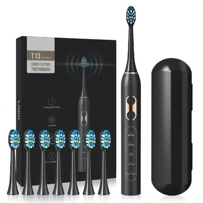 T13 IPX7 Waterproof Soft Bristles Rechargeable Sonic Electric Toothbrush for Adults with 8 Brush Heads - Black
