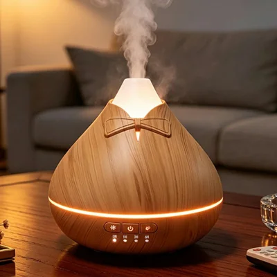 Humidificateur d'arôme avec motif bois 550 mL, 25 mL/h, diffuseur à brouillard ultrasonique avec veilleuse 7 couleurs, minuterie 1H/3H/6H pour chambre, prise UE - Jaune