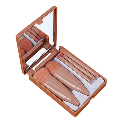 Conjunto de 5 Pincéis de Maquiagem com Cerdas Macias, Pincel de Fundação, Sombra e Batom - Café