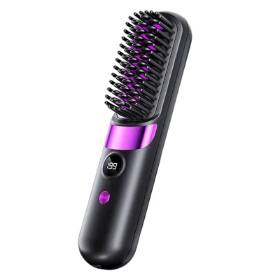 Portable Hair Straightener Brush 2-in-1 Straightening Curling Wireless Comb - Black