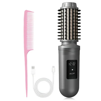 3-in-1 kabelloser Haarglätter-Bürste USB Wireless Negativ-Ionen-Lockenstab tragbares Styling-Tool zum Glätten und Locken - Grau