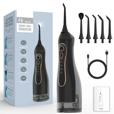 F5 Portable Electric Water Flosser IPX7 Waterproof 4 Modes 5 Nozzles Cleaning Oral Irrigator for Dental Care - Black