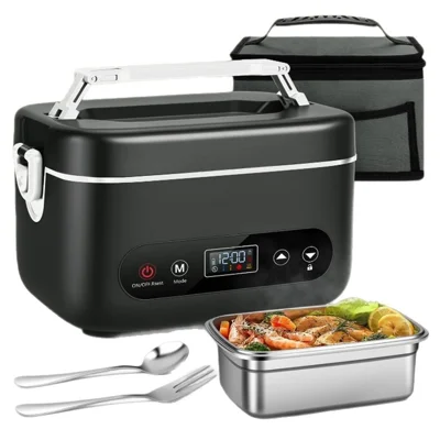 1200ml 304 Stainless Steel Cordless Electric Heating Lunch Box 6 Levels Temperature Control Portable Food Warmer, EU Plug (BPA Free, No FDA) - Black+White