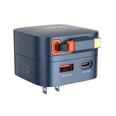 LDNIO Q9 33W GaN Fast Charger Dual Port Power Adapter with 80cm Retractable Type-C Cable for Phone Tablet - Blue