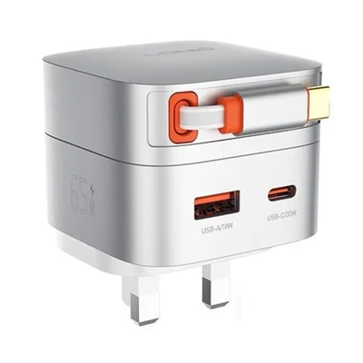 LDNIO Q10 65W GaN Fast Charger Built-in 80cm Retractable USB-C Cable Dual Port Power Adapter for Laptop / Tablet / Smartphone - White