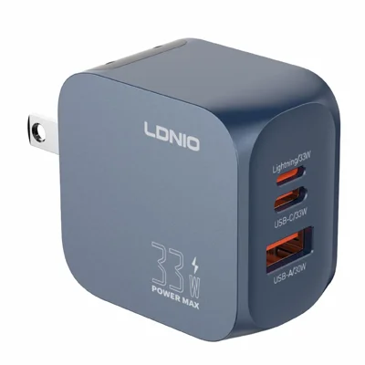 LDNIO Q5 33W GaN Schnellladegerät 3-Port USB-C iP (5-14) USB-A PD Schnellladestation für iPhone iPad Kopfhörer - Blau / US-Stecker