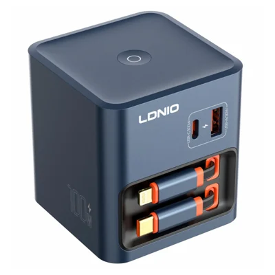 LDNIO Q16 100W GaN Desktop Charger 4-Port USB-C Retractable Cable Fast Charging Station with Smart Digital Display - Blue  /  EU Plug