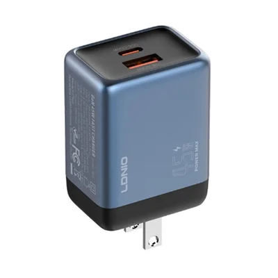 LDNIO Q12 45W GaN Fast Charger Dual Port Interchangeable Plug Universal Travel Charging Adapter - Black Blue  /  US Plug