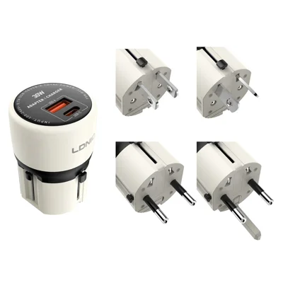 LDNIO Q2319 30W GaN Fast Charger Switchable Plug Universal Travel Adapter with Type-C to iP (5-14) / Type-C / USB-A 3-in-1 Cable for Phone Tablet - Grey