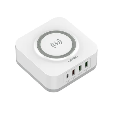 LDNIO AW004 32W 5-in-1-Ladestation 15W Qi-Wireless-Charger PD 30W QC 18W 2x USB-A 12W Desktop-Ladegerät-Stand – Weiß