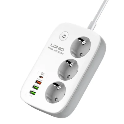 LDNIO SEW3452 WiFi Умная Розетка с Быстрой Зарядкой 30 Вт PD, 3 Розетки ЕС, 4 USB Порта, Удаленное Управление - Белый