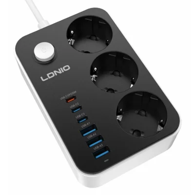 LDNIO SE3631C Ciabatta con Presa Rapida 20W 3 Prese AC con Spina EU 6 Porte USB Presa di Corrente con Cavo da 2 m - Nero / Spina EU
