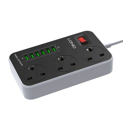 LDNIO SK3662 20W Fast Charging Power Strip 3 AC Outlets 6 USB Ports Power Socket with 2m Cable - Black  /  UK Plug