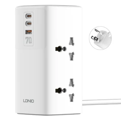 LDNIO SC4383 70W PD Fast Charging Power Strip 2 AC Outlets +3 USB Ports Multi-Device Desktop Extension Charger Power Socket - White  /  UK Plug
