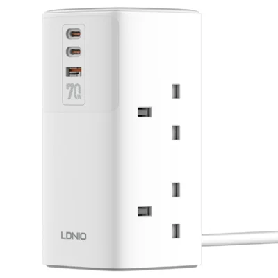 LDNIO SK4396 70W PD Fast Charging Tower Design Power Strip 4 UK Plug AC Outlets 3 USB Ports Desktop Multi-Device Charging Station Power Socket - White