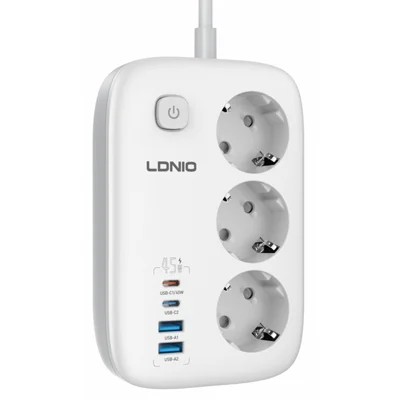 LDNIO SE2 65W PD Fast Charging Power Strip 3 EU Plug AC Outlets 4 USB Ports Desktop Multi-Device Power Socket with 2m Cable - White  /  EU Plug