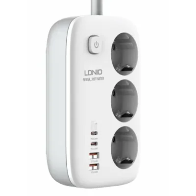 LDNIO SE3436 65W GaN Presa Multipla con Ricarica Rapida 3 Prese AC EU 4 Porte USB Cavo di Prolunga Presa da Scrivania - Bianco
