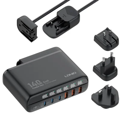 LDNIO A6140C 140W GaN Charger Digital Display  6 USB Ports Fast Charging Station with 3Pcs Replaceable Plugs for Laptop Phone - Black