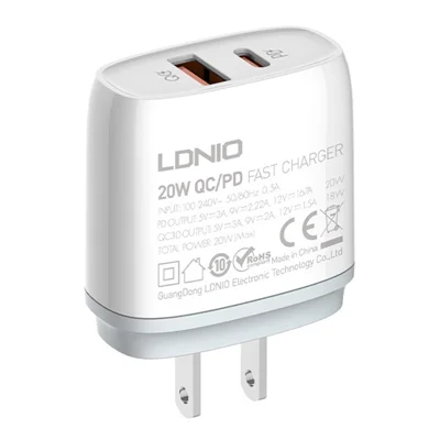 LDNIO Q229 20W Fast Charger USB-C + USB-A PD QC Dual Port Charger for Home Office Travel - White