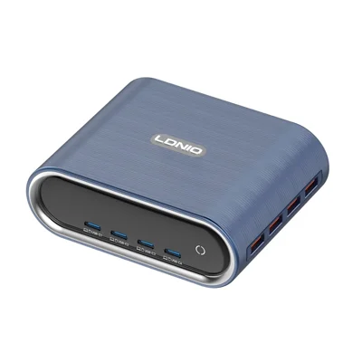LDNIO Q19 Cargador de Escritorio GaN de 8 Puertos 100 W con Pantalla TFT, Estación de Carga USB-C + USB-A - Azul / Enchufe Estándar Estadounidense