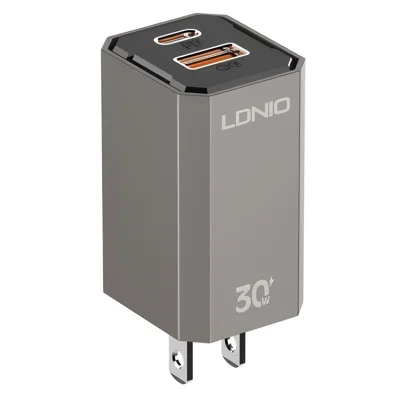 LDNIO A2527C 30W PD + QC Dual-Port USB-C + USB-A 90 Degree Foldable US Plug Wall Charger for Travel - Grey Black