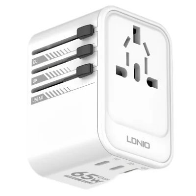 LDNIO Z6 65W GaN USB-A + 2 USB-C Travel Converter Adapter Universal Outlet for International Travel - White