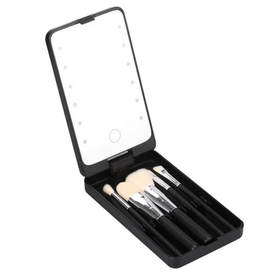 Travel Makeup Brush Set 5pcs Cosmetic Brushes Kit Gift with Rechargeable LED Light Mirror - Black