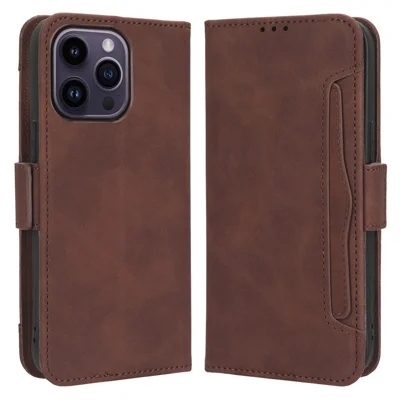 For iPhone 14 Pro Max 6.7 inch Anti-fall PU Leather Phone Cover Wallet Case Multiple Card Slots Stand Cell Phone Shell - Brown