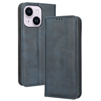 Für Das Iphone 14 6,1 Zoll Brieftasche Retro Textur Lederhülle Magnetische Autoverschlusskleidung Kräftig-resistente Telefonabdeckung - Blau