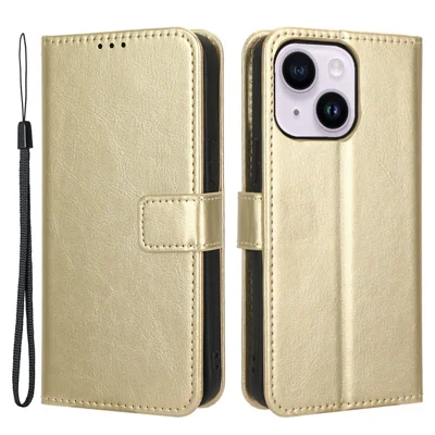 For iPhone 14 6.1 inch Anti-fall PU Leather Folio Flip Phone Case Crazy Horse Texture Wear-resistant Shock Absorption Cell Phone Cover Wallet - Gold